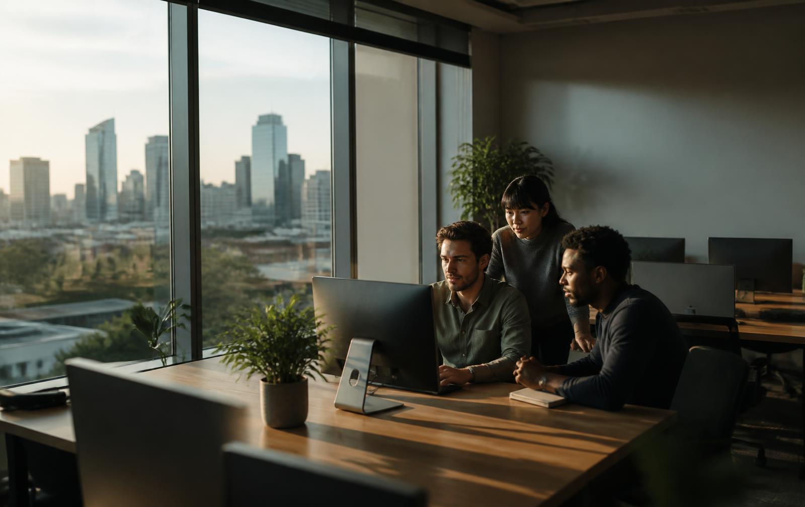 The Lios Technology Group team reviewing an infrastructure plan in the Austin office