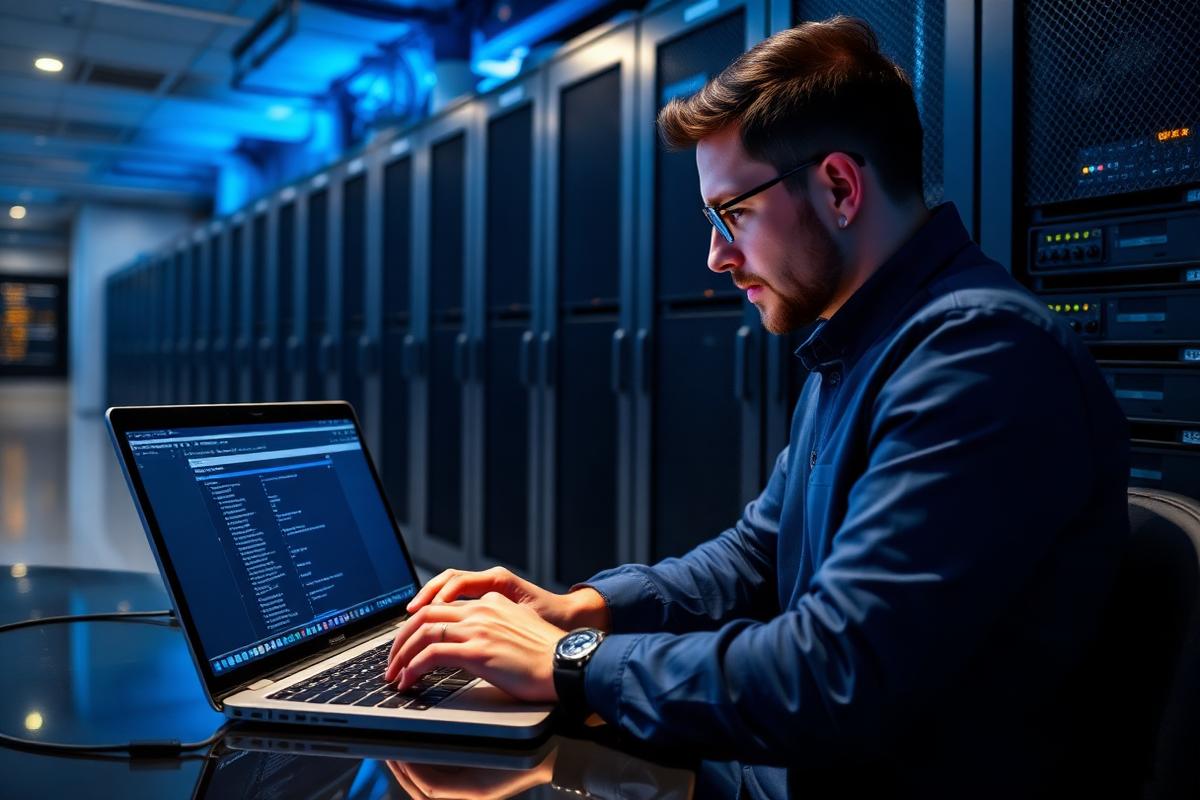 Engineer reviewing firewall configuration in a server room